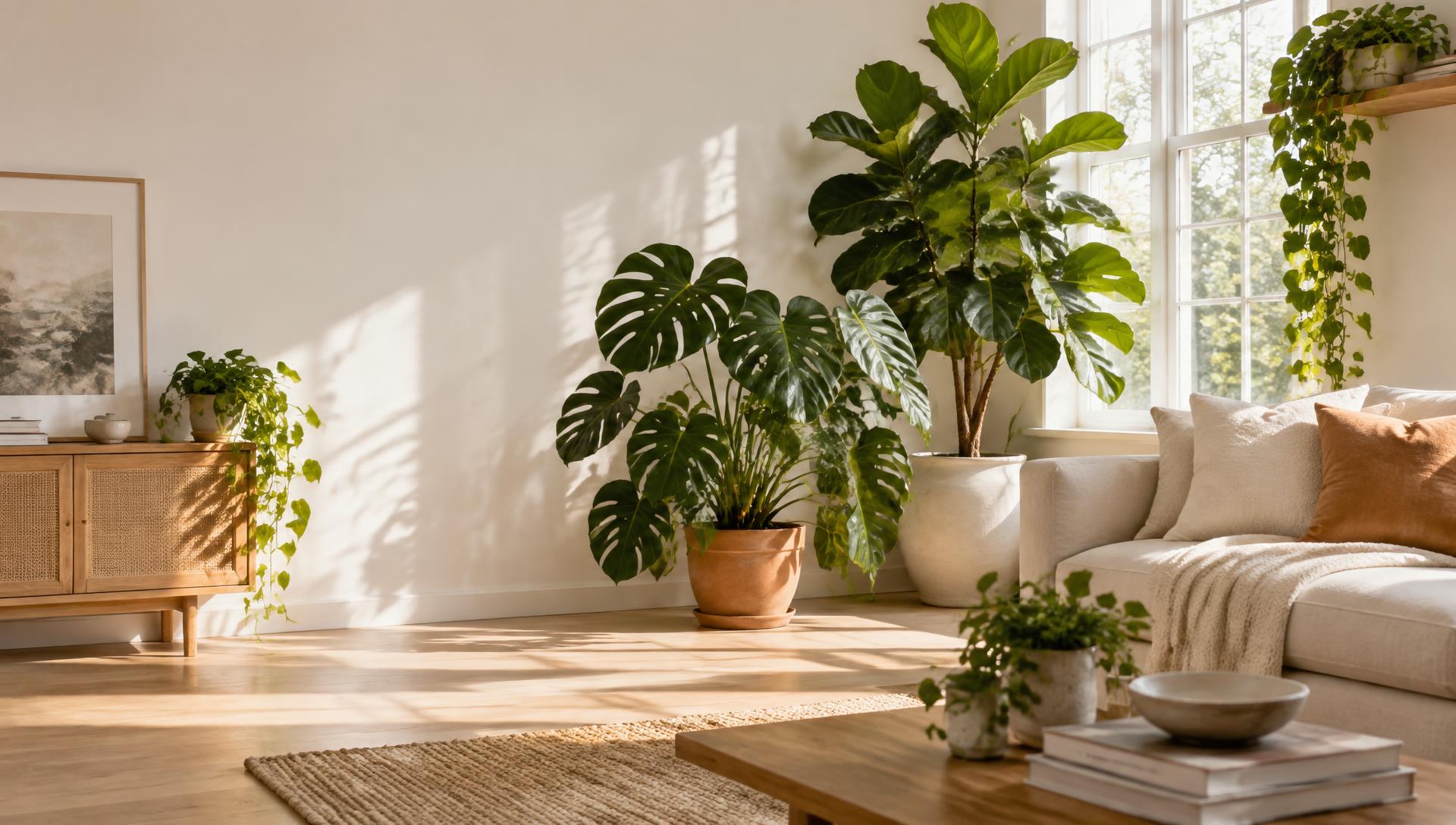 Lichte woonkamer vol kamerplanten